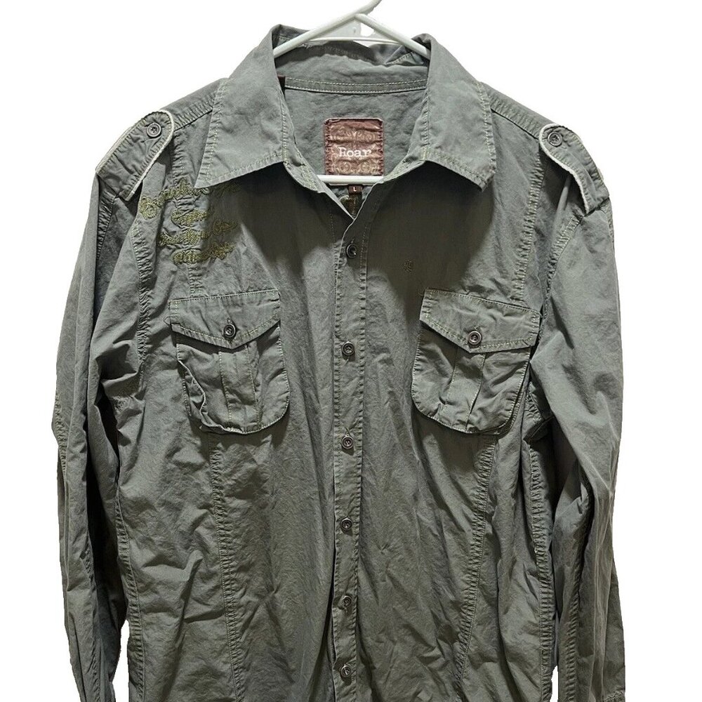 Roar Shirt Mens Large Green 100% Cotton Embroidered Fit Long Sleeve Button-Up